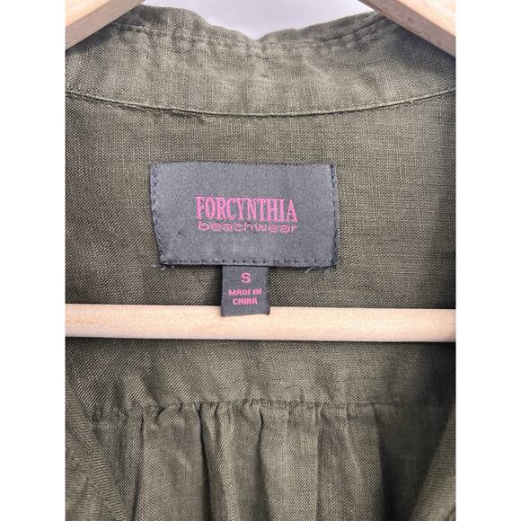 For Cynthia Olive Green 100% Linen Beach Shirt Small Ruffle Pocket Swim Cover - Picture 3 of 5